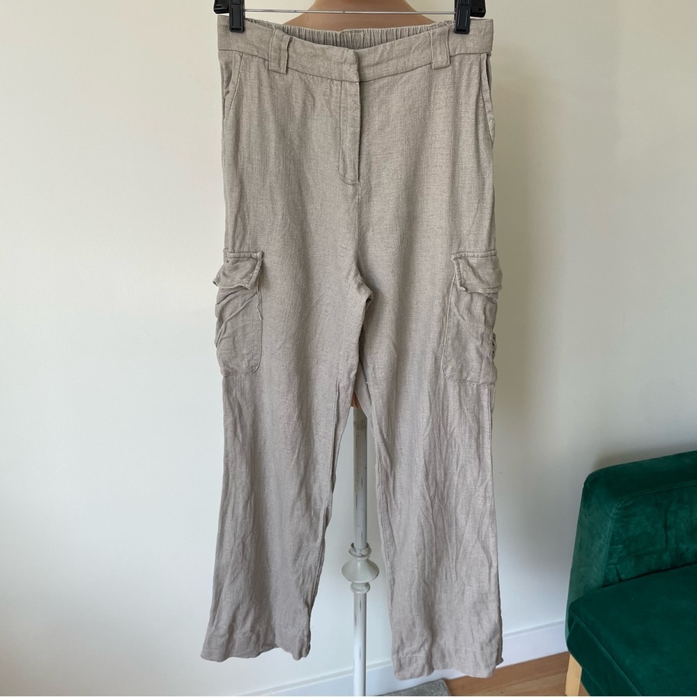House of Harlow 1960 Linen Cargo High Rise Wide Leg Taupe Tan Pants Size 6